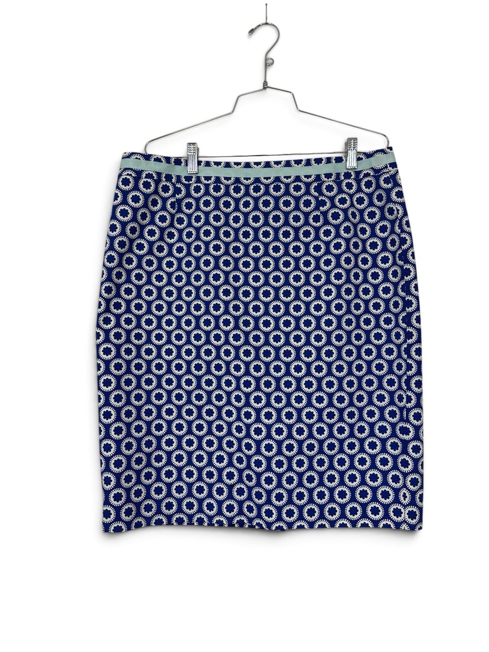 Boden Blue White Geometric Print Pencil Skirt Lined Cotton Stretch Size 12